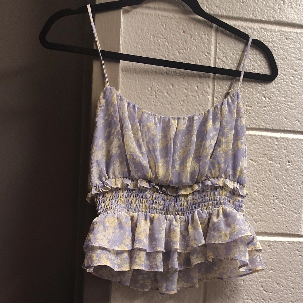 Floral Ruffle Top in Purple and Cream